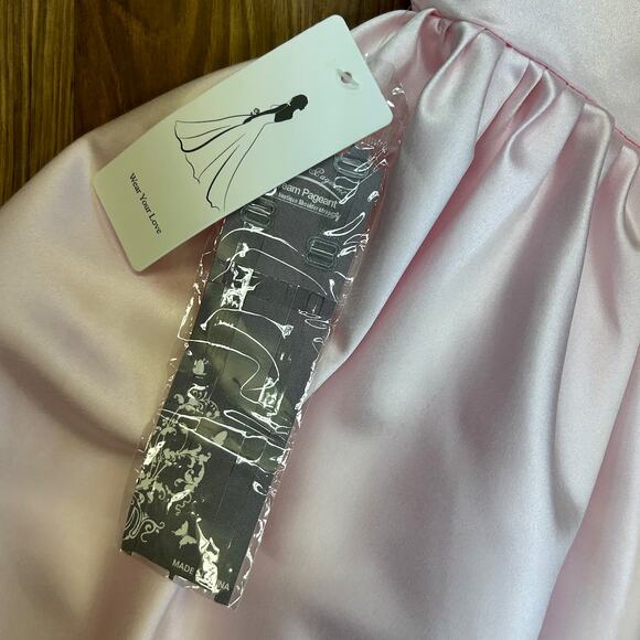 Soft Pink Satin Coquette Formal Dress Ruffle Bodice Dramatic Oversized Bow Train - Picture 12 of 12